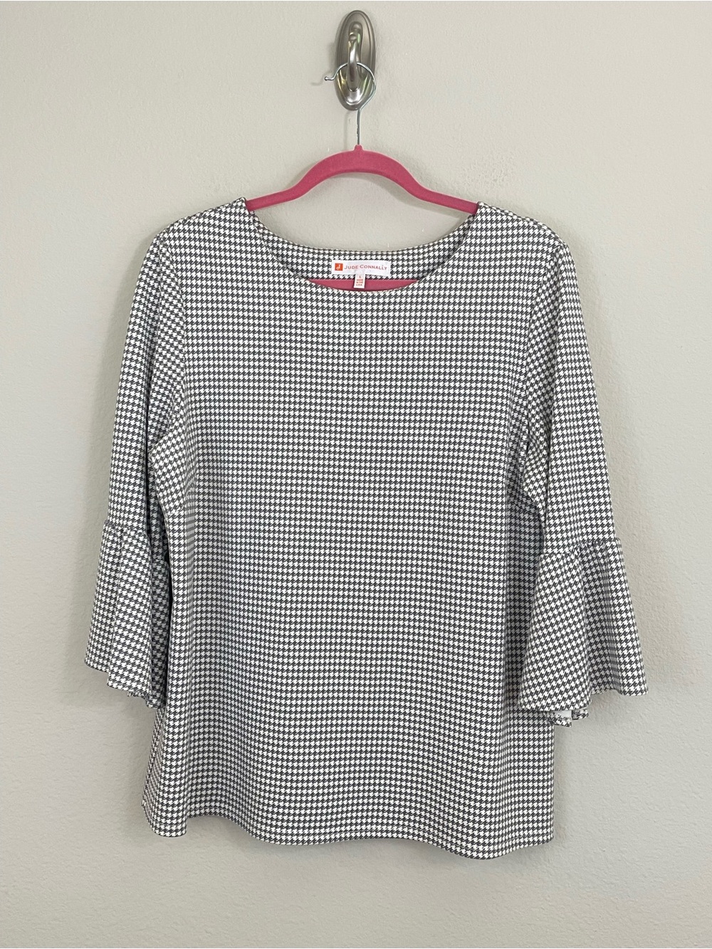 Jude Connally Dixie Houndstooth Print 3/4 Bell Sleeves Top Taupe Cream Size L - Picture 2 of 8